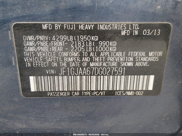 Продажа на аукционе авто 2013 Subaru Impreza 2.0i, vin: JF1GJAA67DG027591, номер лота: 45426273