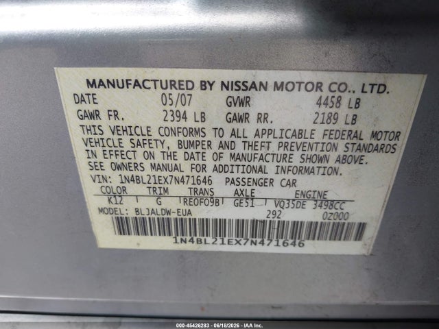 2007 Nissan Altima 3.5 Se მანქანა იყიდება აუქციონზე, vin: 1N4BL21EX7N471646, აუქციონის ნომერი: 45426283