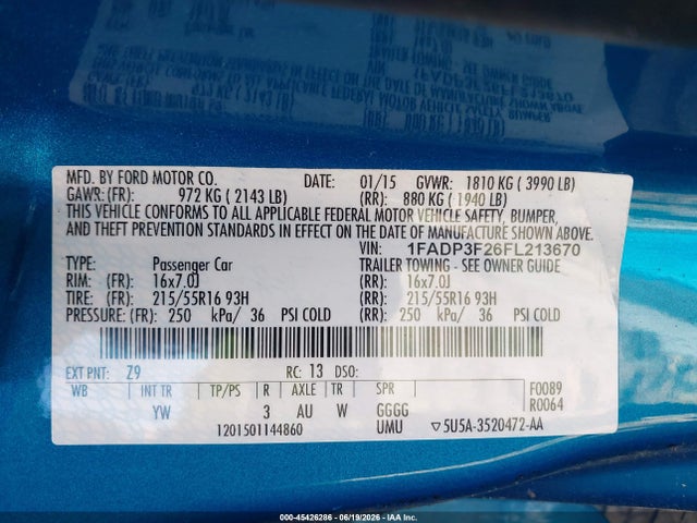 Продажа на аукционе авто 2015 Ford Focus Se, vin: 1FADP3F26FL213670, номер лота: 45426286