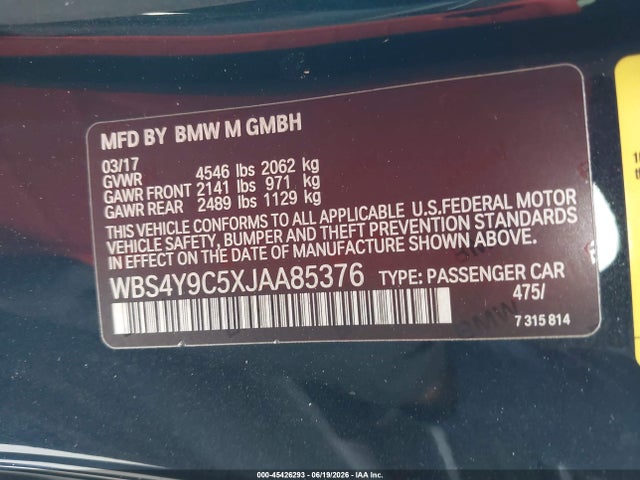 2018 Bmw M4 მანქანა იყიდება აუქციონზე, vin: WBS4Y9C5XJAA85376, აუქციონის ნომერი: 45426293