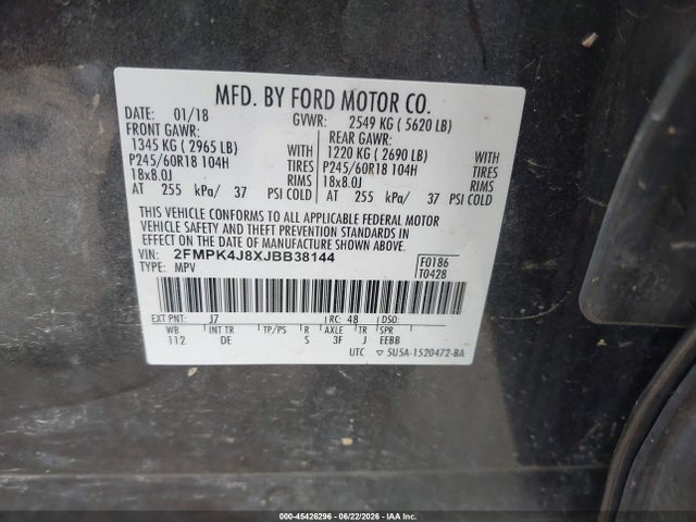 Продажа на аукционе авто 2018 Ford Edge Sel, vin: 2FMPK4J8XJBB38144, номер лота: 45426296
