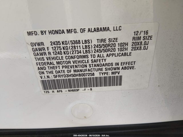 Aukcja sprzedaży 2017 Acura Mdx Technology Package, vin: 5FRYD3H50HB007258, numer aukcji: 45426336