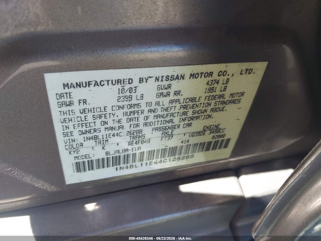 45426346 :رقم المزاد ، 1N4BL11E44C126288 vin ، 2004 Nissan Altima 3.5 Se مزاد بيع