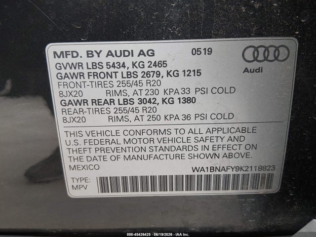 2019 Audi Q5 45 Premium მანქანა იყიდება აუქციონზე, vin: WA1BNAFY9K2118823, აუქციონის ნომერი: 45426425