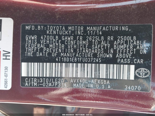 4T1BD1EB1FU037245 Toyota Avalon Hybrid Xle Touring