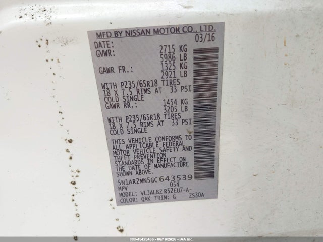 Продажа на аукционе авто 2016 Nissan Pathfinder S, vin: 5N1AR2MN5GC643539, номер лота: 45426466