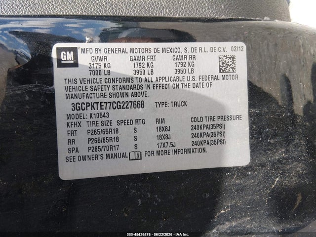 45426476 :رقم المزاد ، 3GCPKTE77CG227668 vin ، 2012 Chevrolet Silverado 1500 Ltz مزاد بيع