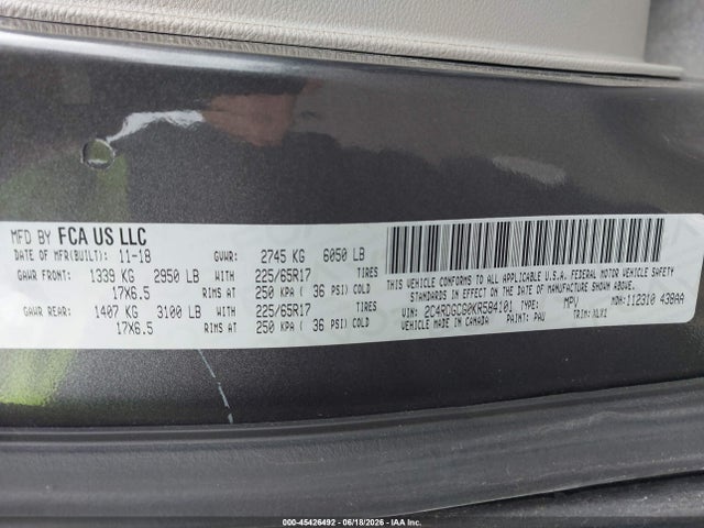45426492 :رقم المزاد ، 2C4RDGCG0KR584101 vin ، 2019 Dodge Grand Caravan Sxt مزاد بيع