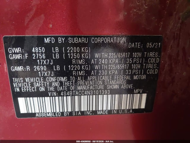 Продаж на аукціоні авто 2022 Subaru Outback Premium, vin: 4S4BTACC4N3101393, номер лоту: 45426532