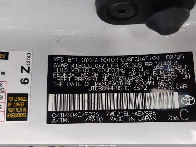 2025 Toyota Corolla Hybrid Se მანქანა იყიდება აუქციონზე, vin: JTDBDMHE8SJ013872, აუქციონის ნომერი: 45426534