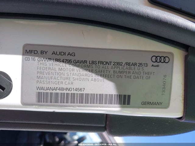 Продаж на аукціоні авто 2017 Audi A4 Premium, vin: WAUANAF48HN014567, номер лоту: 45426546