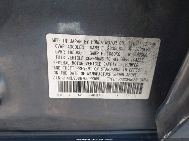 2007 Acura Tsx მანქანა იყიდება აუქციონზე, vin: JH4CL96867C009069, აუქციონის ნომერი: 45426558