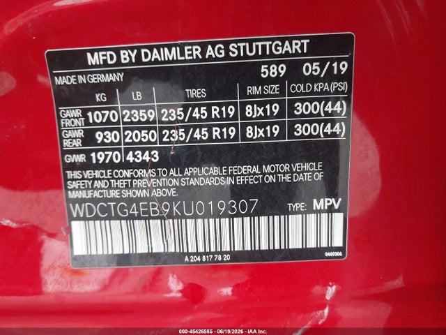 WDCTG4EB9KU019307 Mercedes-Benz GLA 250
