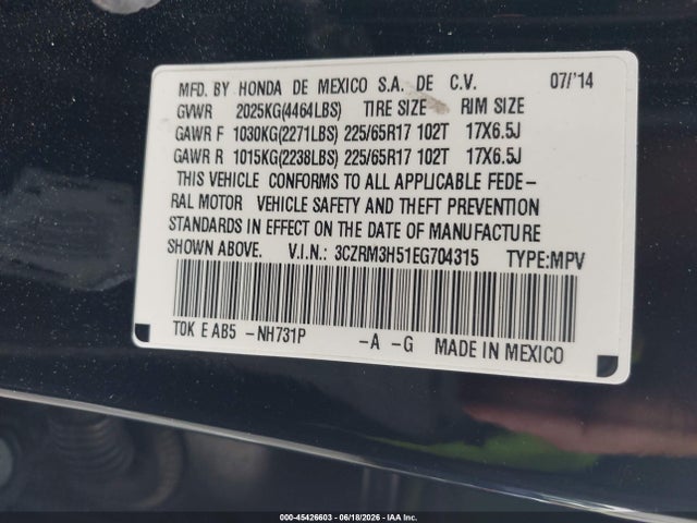 3CZRM3H51EG704315 Honda CR-V EX