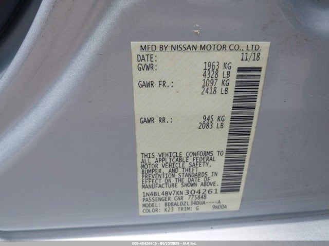 2019 Nissan Altima 2.5 S მანქანა იყიდება აუქციონზე, vin: 1N4BL4BV7KN304261, აუქციონის ნომერი: 45426606