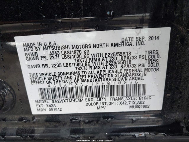 Aukcja sprzedaży 2015 Mitsubishi Outlander Sport Es, vin: 4A4AP3AU1FE010026, numer aukcji: 45426607
