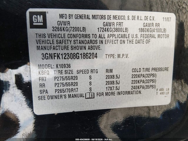 Aukcja sprzedaży 2008 Chevrolet Avalanche 1500 Ltz, vin: 3GNFK12308G186204, numer aukcji: 45426609