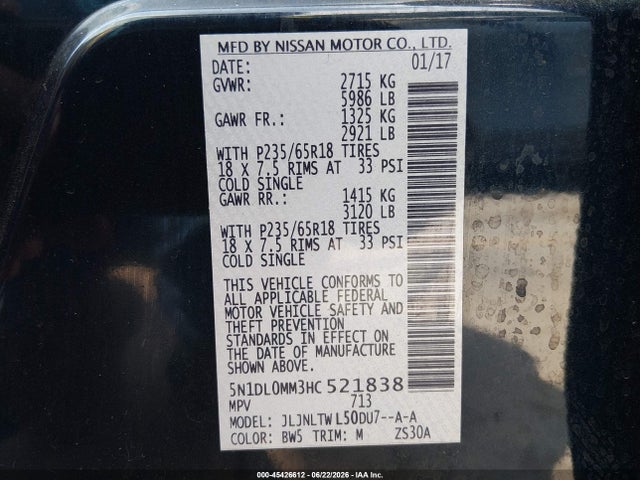 Aukcja sprzedaży 2017 Infiniti Qx60, vin: 5N1DL0MM3HC521838, numer aukcji: 45426612