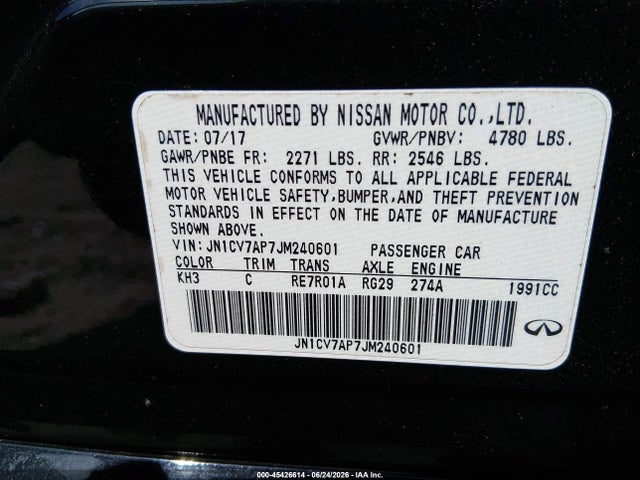 45426614 :رقم المزاد ، JN1CV7AP7JM240601 vin ، 2018 Infiniti Q50 2.0t Luxe مزاد بيع