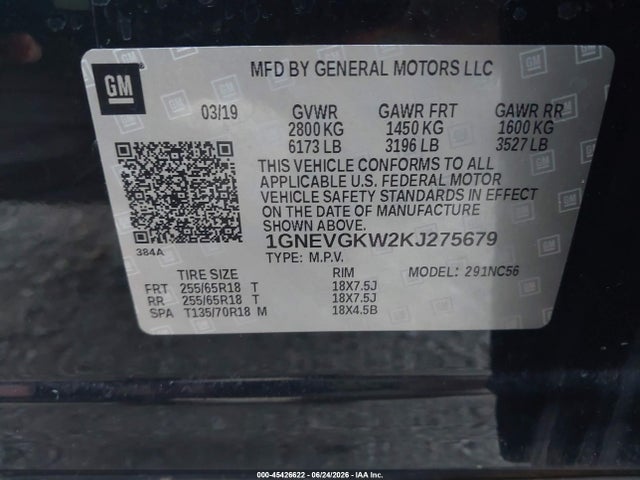 Продаж на аукціоні авто 2019 Chevrolet Traverse 1lt, vin: 1GNEVGKW2KJ275679, номер лоту: 45426622