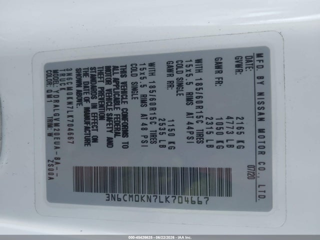 3N6CM0KN7LK704667 Nissan Nv200 Cargo Sv Xtronic Cvt
