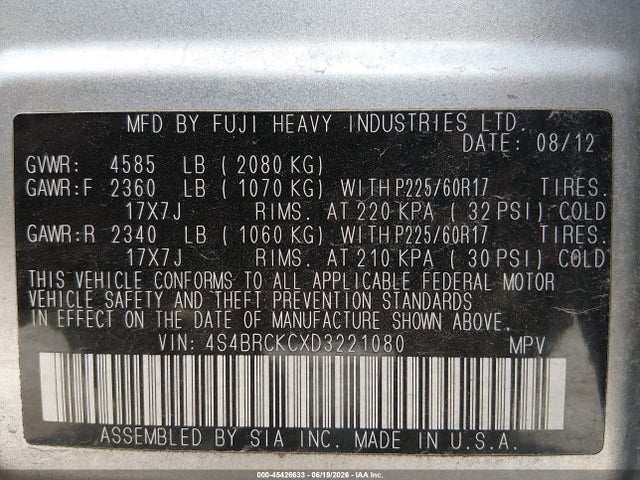 Продаж на аукціоні авто 2013 Subaru Outback 2.5i Limited, vin: 4S4BRCKCXD3221080, номер лоту: 45426633