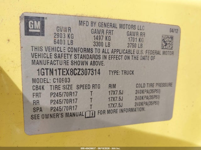 Продажа на аукционе авто 2012 Gmc Sierra 1500 Work Truck, vin: 1GTN1TEX8CZ307314, номер лота: 45426637