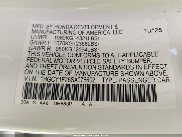 1HGCY1F26SA076602 Honda ACCORD LX