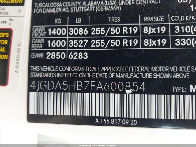Продаж на аукціоні авто 2015 Mercedes-benz Ml 350 4matic, vin: 4JGDA5HB7FA600854, номер лоту: 45426658