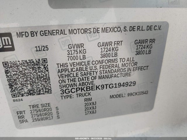 3GCPKBEK9TG194929 Chevrolet Silverado 1500 4wd Short Bed Custom