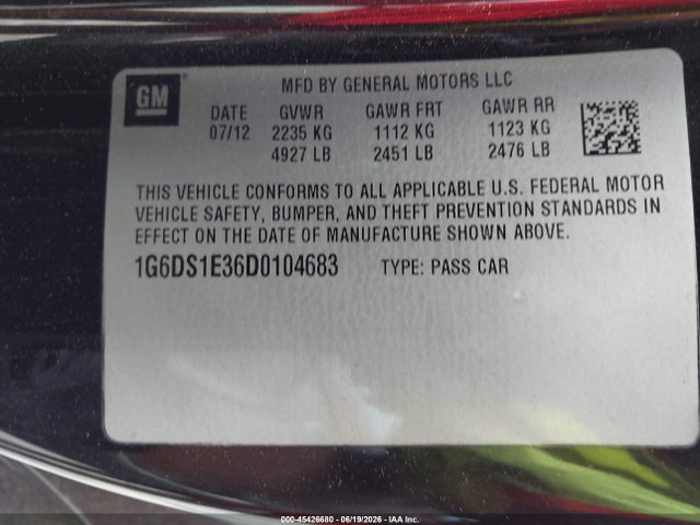 45426680 :رقم المزاد ، 1G6DS1E36D0104683 vin ، 2013 Cadillac Cts Premium مزاد بيع