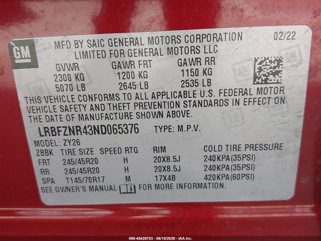 45426703 :رقم المزاد ، LRBFZNR43ND065376 vin ، 2022 Buick Envision Fwd Essence مزاد بيع
