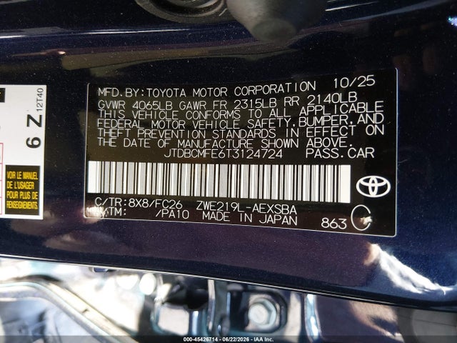 JTDBCMFE6T3124724 Toyota Corolla Hybrid Hybrid Se