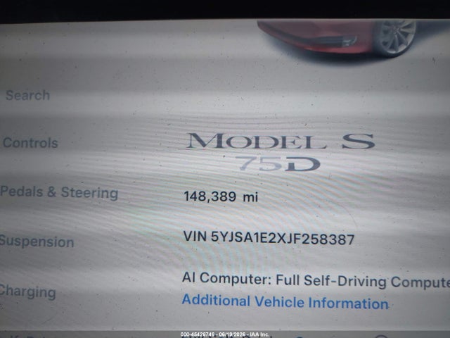 Продажа на аукционе авто 2018 Tesla Model S, vin: 5YJSA1E2XJF258387, номер лота: 45426746