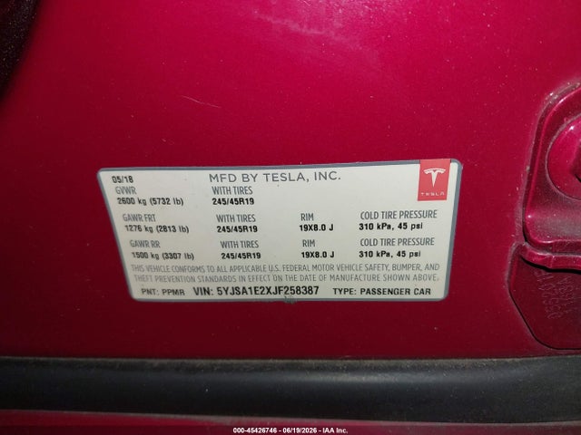 Продажа на аукционе авто 2018 Tesla Model S, vin: 5YJSA1E2XJF258387, номер лота: 45426746