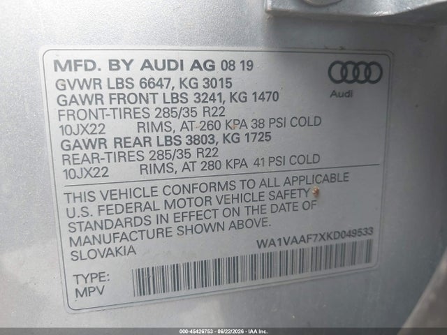 45426753 :رقم المزاد ، WA1VAAF7XKD049533 vin ، 2019 Audi Q7 55 Premium مزاد بيع