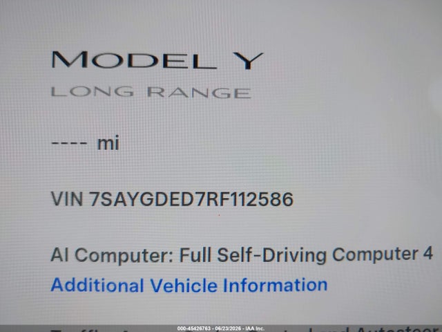 45426763 :رقم المزاد ، 7SAYGDED7RF112586 vin ، 2024 Tesla Model Y Long Range Single Motor Rear-wheel Drive/rwd مزاد بيع