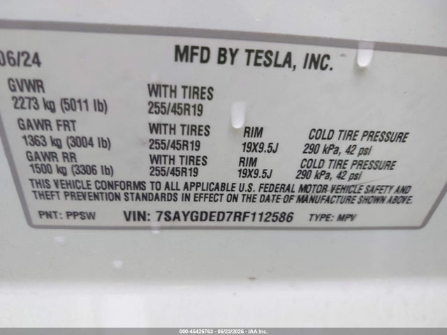 45426763 :رقم المزاد ، 7SAYGDED7RF112586 vin ، 2024 Tesla Model Y Long Range Single Motor Rear-wheel Drive/rwd مزاد بيع