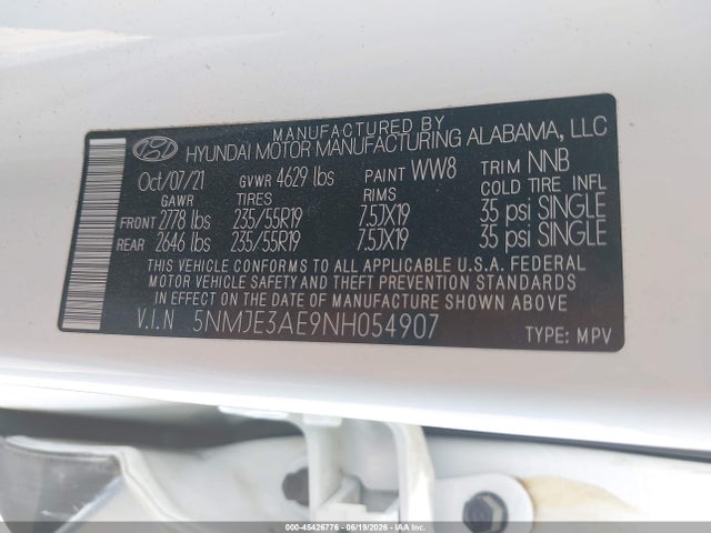 Aukcja sprzedaży 2022 Hyundai Tucson Limited, vin: 5NMJE3AE9NH054907, numer aukcji: 45426776