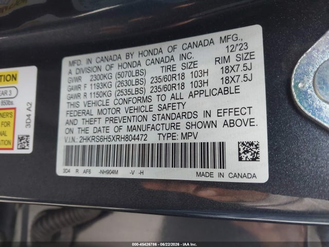 Aukcja sprzedaży 2024 Honda Cr-v Hybrid Sport, vin: 2HKRS6H5XRH804472, numer aukcji: 45426786