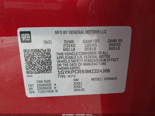 45426802 :رقم المزاد ، 1GYKPCRS5MZ224306 vin ، 2021 Cadillac Xt6 Fwd Premium Luxury مزاد بيع