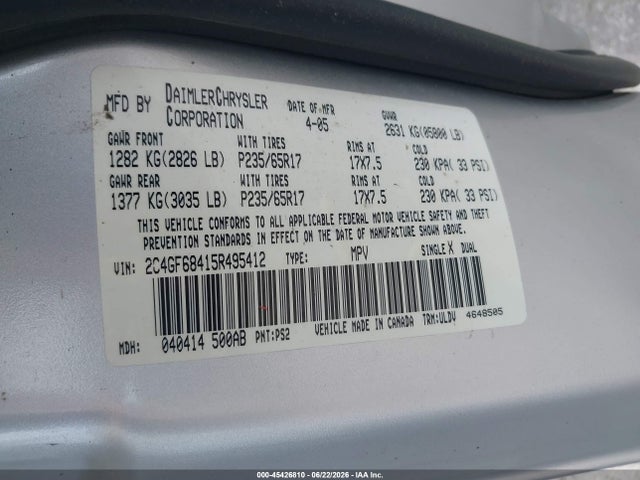 Aukcja sprzedaży 2005 Chrysler Pacifica Touring, vin: 2C4GF68415R495412, numer aukcji: 45426810