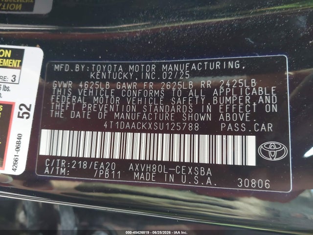 45426819 :رقم المزاد ، 4T1DAACKXSU125788 vin ، 2025 Toyota Camry Se مزاد بيع