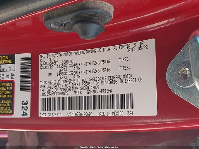 Продажа на аукционе авто 2022 Toyota Tacoma Sr V6, vin: 3TMCZ5AN5NM504879, номер лота: 45426867