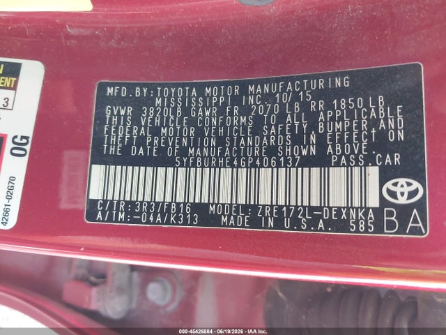 Toyota COROLLA LE 2016 5YFBURHE4GP406137 Image 9