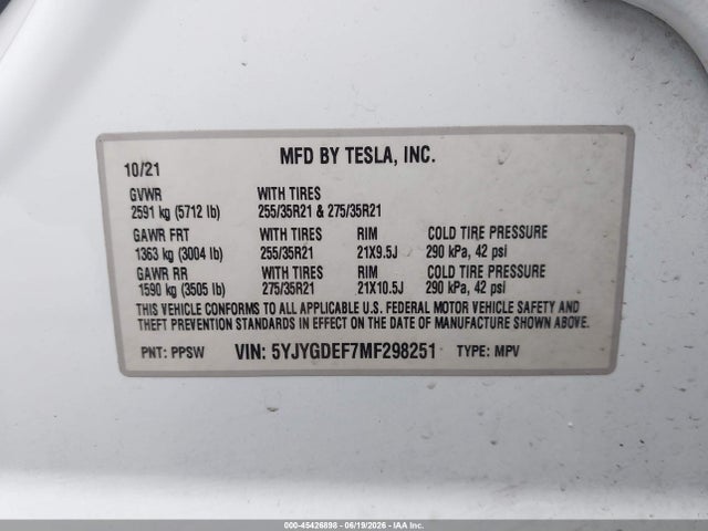 Продаж на аукціоні авто 2021 Tesla Model Y Performance Dual Motor All-wheel Drive, vin: 5YJYGDEF7MF298251, номер лоту: 45426898