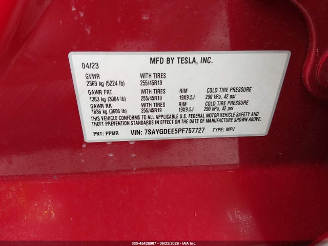 45426907 :رقم المزاد ، 7SAYGDEE5PF757727 vin ، 2023 Tesla Model Y Awd/long Range Dual Motor All-wheel Drive مزاد بيع