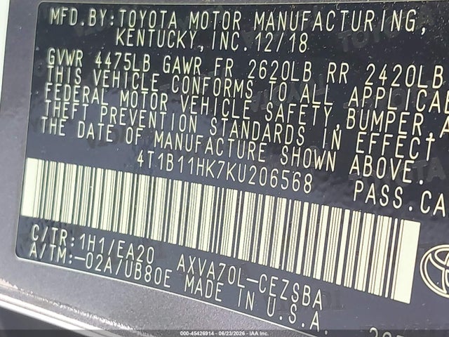 4T1B11HK7KU206568 Toyota CAMRY SE