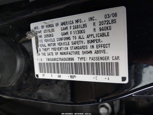 45426922 :رقم المزاد ، 19UUA66276A040896 vin ، 2006 Acura Tl مزاد بيع