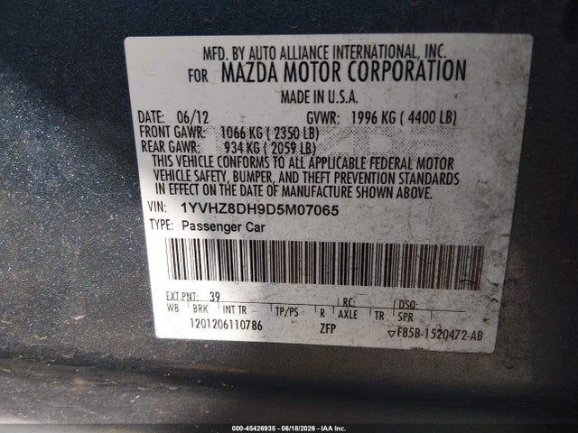 2013 Mazda Mazda6 I Touring მანქანა იყიდება აუქციონზე, vin: 1YVHZ8DH9D5M07065, აუქციონის ნომერი: 45426935
